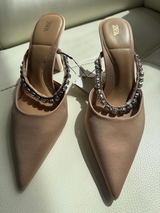 Zara Shoes - Zara Beige Pointed Toe‎ Mules with Crystal Strap